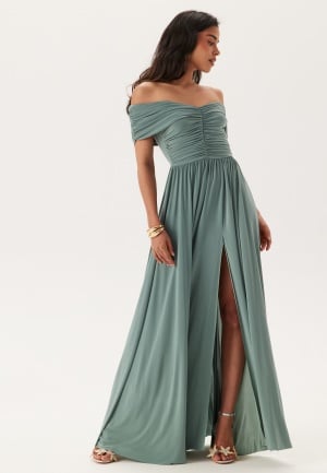 Goddiva Bardot Rouched Maxi Split Dress Dark Sage S (UK10)
