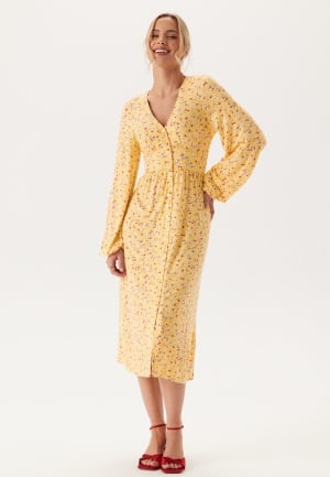 BUBBLEROOM Midi Button Volume Sleeve Dress Light yellow/Patterned XS