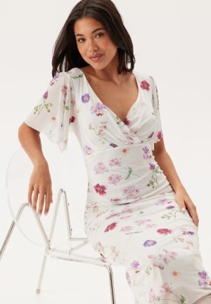 Bubbleroom Occasion Butterfly Sleeve Mesh Ankle Dress White/Floral XS