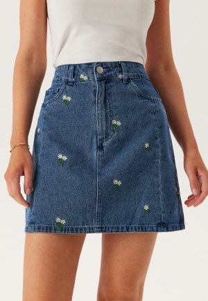 Pieces Pcfreia Hw Short Denim Skirt Medium Blue Denim Detail:flowe XS