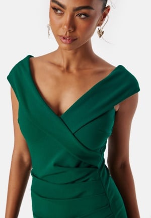 Goddiva Bardot Pleat Maxi Split Dress Emerald XXS (UK6)