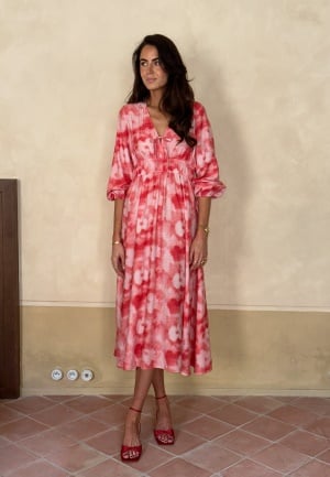 BUBBLEROOM CC V-neck Viscose Strap L/S Dress Red/Patterned S