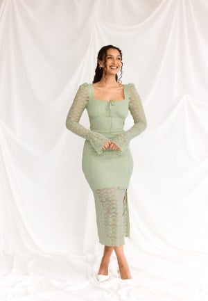 BUBBLEROOM Square Neck Lace Dress Dusty green S