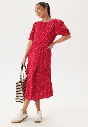 Happy Holly Puff Sleeve Viscose Midi Dress Red/Patterned 40/42