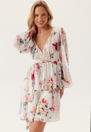 Goddiva Floral Long Sleeve Tiered Skater Dress White Floral S (UK10)