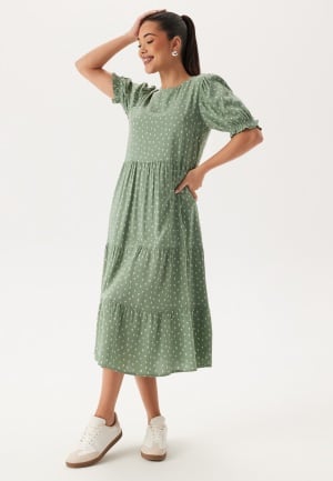 Happy Holly Puff Sleeve Viscose Midi Dress Dusty green/Patterned 44/46