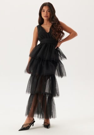 Bubbleroom Occasion High Slit Tulle Maxi Dress Black 42