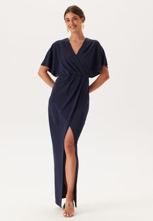Bubbleroom Occasion Wrap Slit Maxi Dress Dark blue 4XL