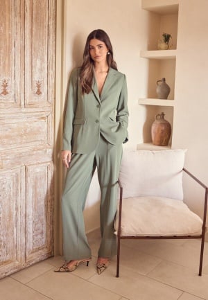 BUBBLEROOM Straight Leg Pleated Suit Pants  Dusty green 42