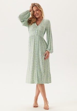BUBBLEROOM Midi Button Volume Sleeve Dress Light green/Patterned L