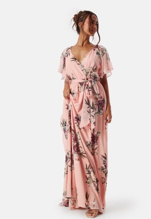Goddiva Flutter Floral Maxi Dress Peach/Patterned M (UK12)
