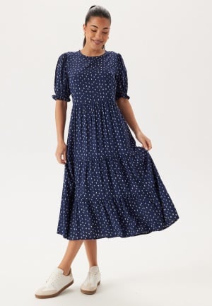 Happy Holly Puff Sleeve Viscose Midi Dress Dark blue/Patterned 48/50