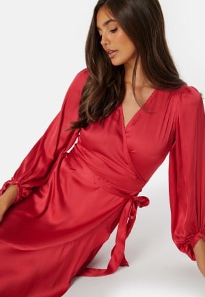 Bubbleroom Occasion Wrap Frill L/S Satin Dress Red 3XL