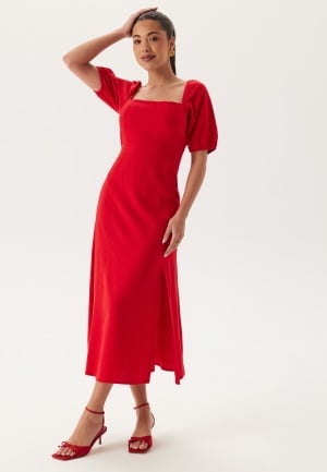 BUBBLEROOM Puff Sleeve Linen Blend Dress Red XL