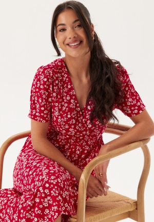 Happy Holly Evie Puff Sleeve Midi Wrap Dress Red/Patterned 48/50