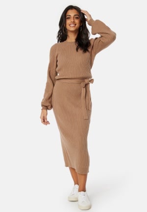 BUBBLEROOM Round Neck Rib Knitted Midi Dress  Light brown 3XL