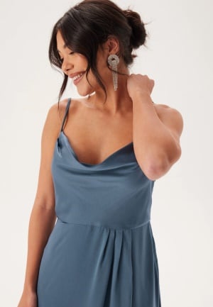 Bubbleroom Occasion Waterfall Slit Satin Gown Dark Dusty Blue 44