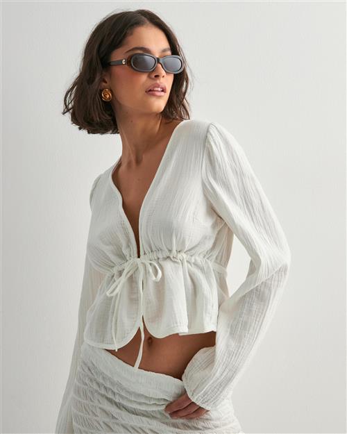 Pieces - Hvid - Pcsastina Ls V-Neck Top Wvn Bc