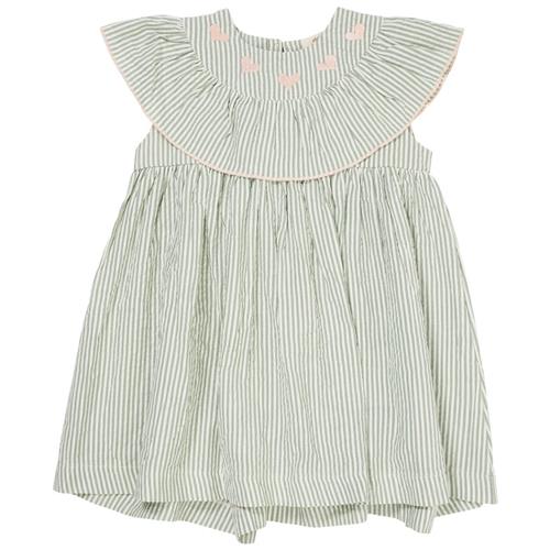 Copenhagen Colors GOTS Hearts Seersucker-kjole Green Cream Rose Stripe | Grønn | 98 cm
