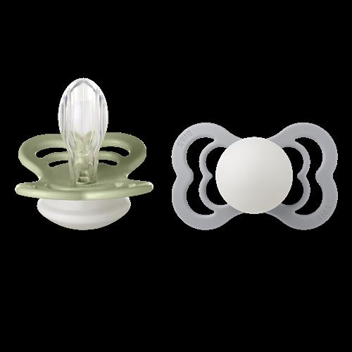 BIBS 2-Pack SUPREME Symmetrisk Silikonesut Glow / Cloud Glow  Sage GLOW/Cloud GLOW 6+ Months  Grå  6+ måneder  unisex