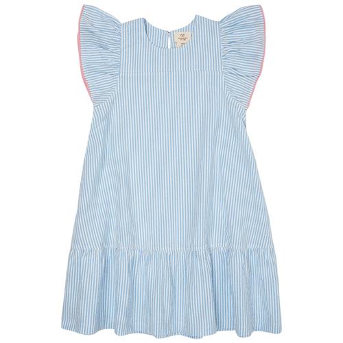 Copenhagen Colors GOTS Seersucker-kjole Med Flæseærmer Sky Blue Cream Pink Stripe | Blå | 116 cm