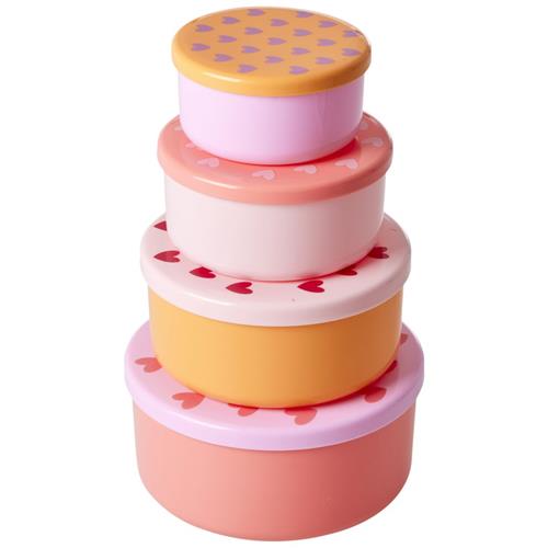 RICE Set Of 4 Runde Madkasser Af Plast Heart Print | Lyserød | 0