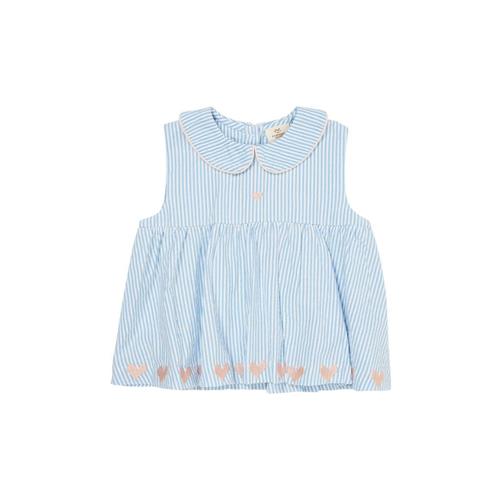 Copenhagen Colors Hearts Seersucker Kortærmet Bluse Sky Blue Cream Pink Stripe | Blå | 128 cm