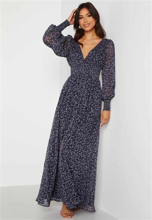 Goddiva Ditsy Long Sleeve Shirred Maxi Dress