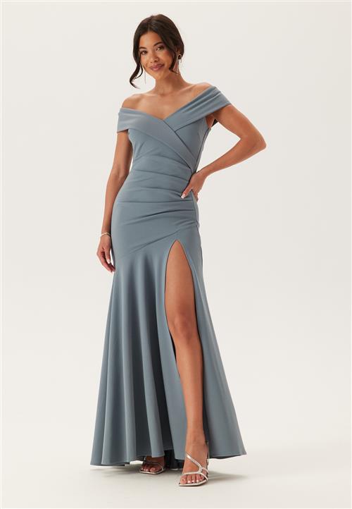 Goddiva Bardot Pleat Maxi Split Dress