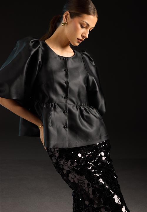Bubbleroom Occasion Puff Sleeve Peplum Satin Blouse