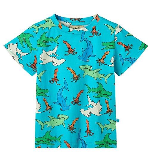 Småfolk T-shirt - Blue Atoll m. Hammerhajer