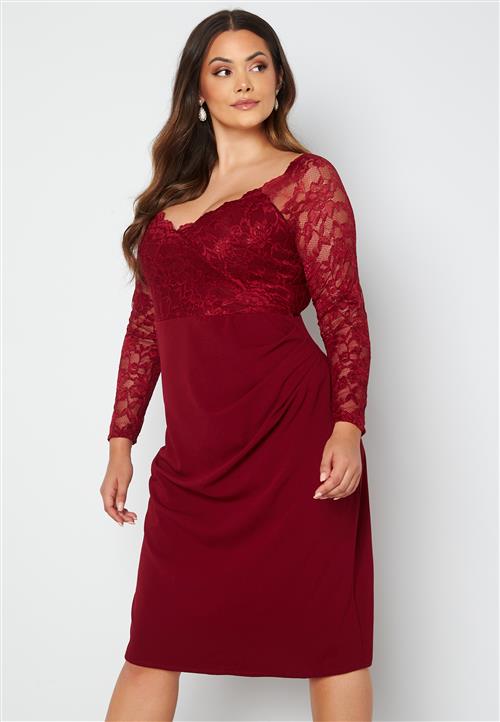 Goddiva Curve Long Sleeve Lace Trim Midi Dress