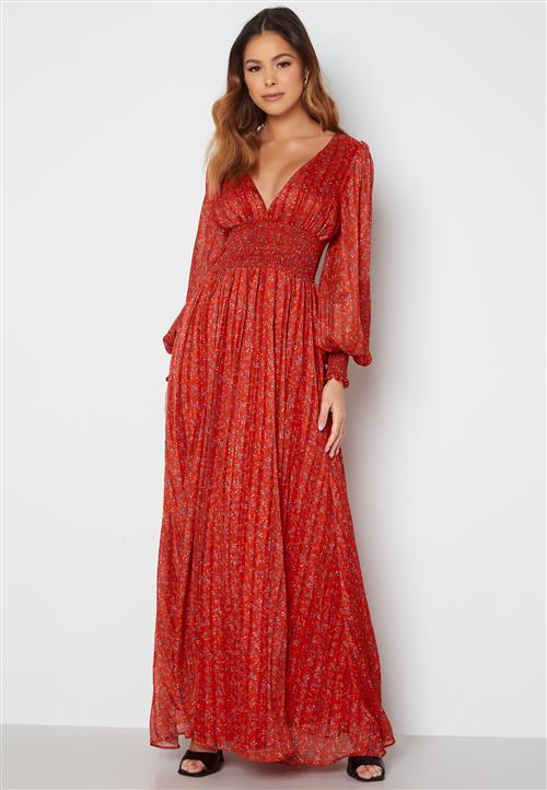 Goddiva Ditsy Long Sleeve Shirred Maxi Dress