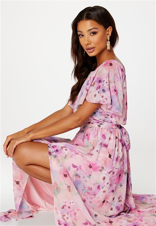Goddiva Floral Flutter Chiffon Open Back Maxi Dress