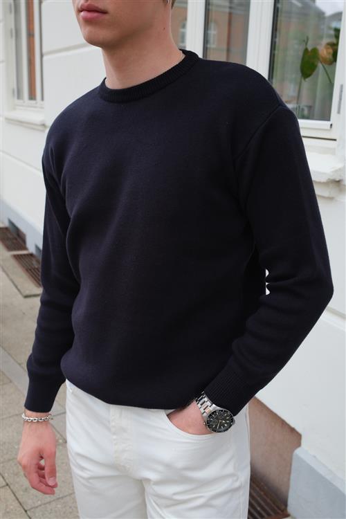 Crewneck Knit Sweater - Mørk Navy - L - TeeShoppen