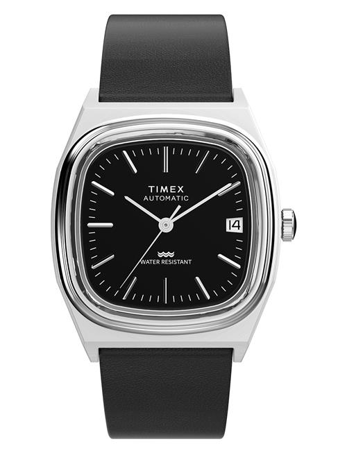 E-Line Men's Automatic Sst Black Dial Black Lth Strap Timex Silver