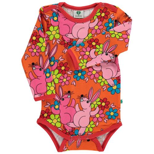 Småfolk Mønstret Babybody Med Blomster Og Kaniner Orange 56 cm  Orange.  56 cm  Unisex