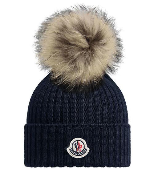 Moncler Hue - Uld - Navy m. Imiteret Pelskvast