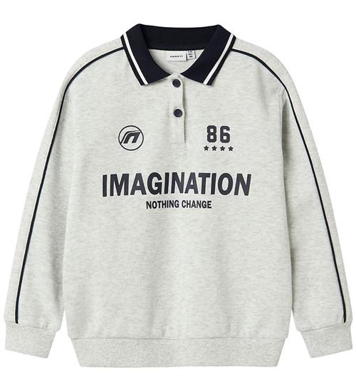 Name It Polobluse - NkmKris - Lysegråmeleret m. Print