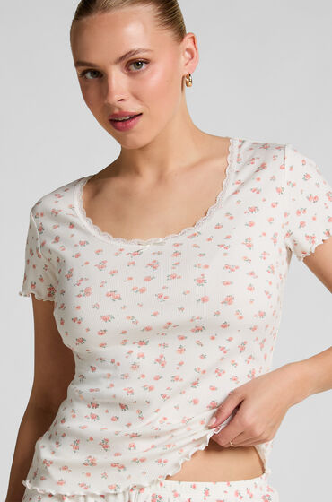 Hunkemöller Ribstrikket kortærmet top med blonder Hvid