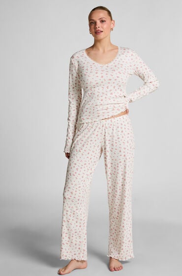 Hunkemöller Ribstrikkede pyjamasbukser hvid