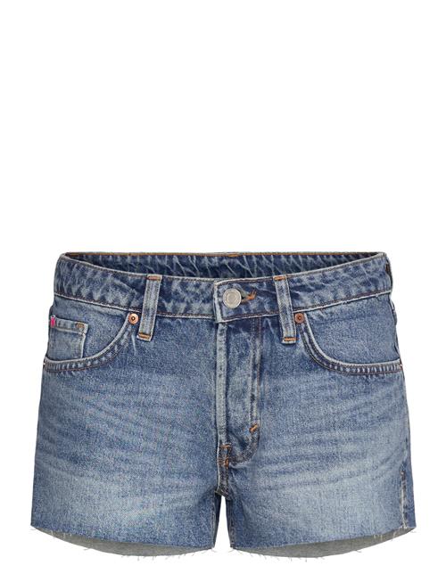 Low Rise Raw Hem Mini Denim Shorts Monki Blue