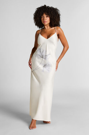 Hunkemöller Floral lang underkjole i satin Hvid