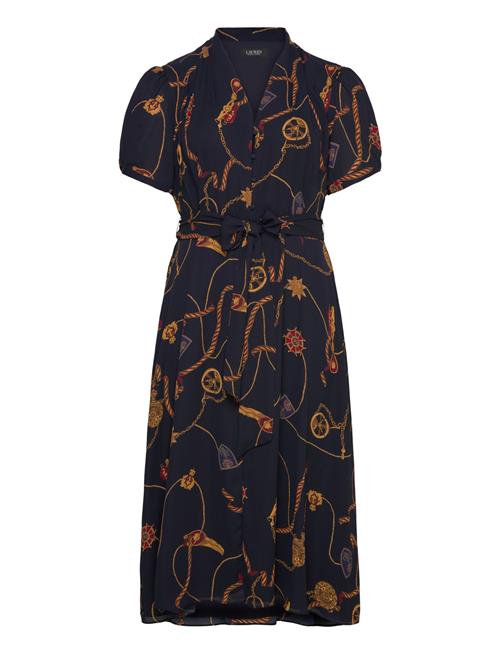 Print Belted Georgette Puff-Sleeve Dress Lauren Women Navy