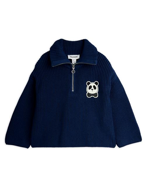 Mini Rodini GOTS Panda Chunky Strik-sweater Med Halv Lynlås  Blue 116/122 cm  Blå  116/122 cm  mand