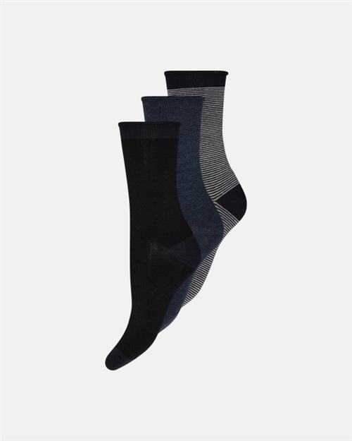 Ankelstrømper "Fine knit" 3-pak | Bomuld | Sort/grå/blå