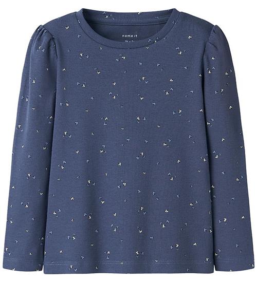 Name It Bluse - Rib - NmfNelia - Blue Indigo m. Blomster