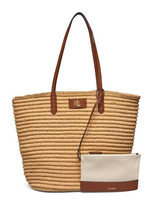 Leather-Trim Straw Large Brie Tote Bag Lauren Ralph Lauren Beige