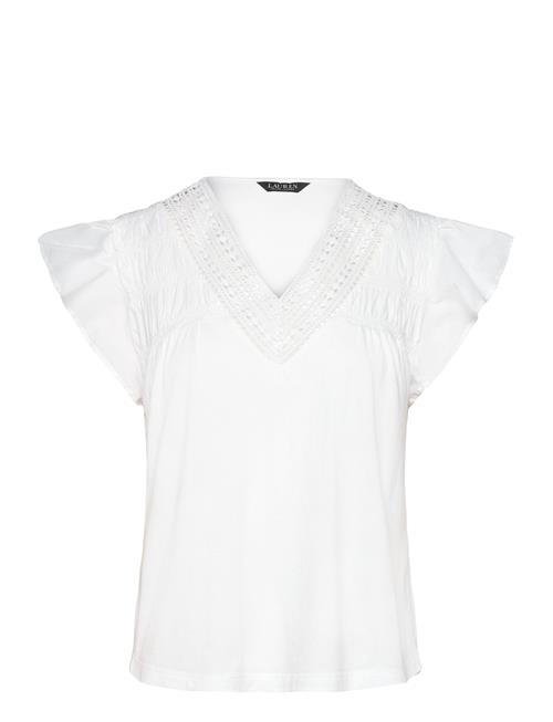 Lace-Trim Jersey Flutter-Sleeve Tee Lauren Ralph Lauren White