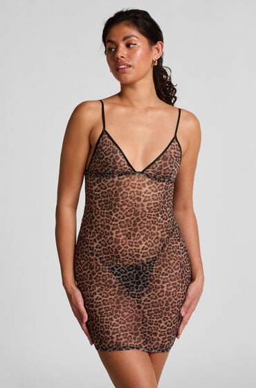 Hunkemöller Underkjole i leopardprintet mesh Sort